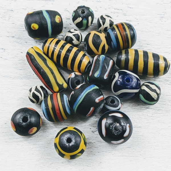 Mixed Indonesian Recycled Glass Hand Painted Beads, 10pcs. Round, Oval, Tube 13-18mm, Trade, Ethnic