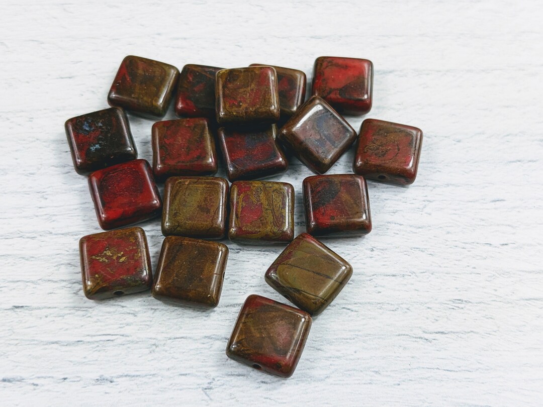 Czech Glass Red Travertine Square Beads, 19pcs. 10mm, Mixed Colors Etsy