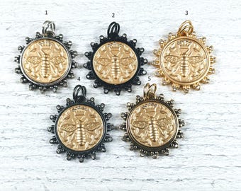 Matte Gold Rhinestone Royal Crown Queen Bee Coin Style Charm, Double Jump Ring Bezel, 1pc. 32mm, Matte Gunmetal, Black, Gold Ox, Silver Ox