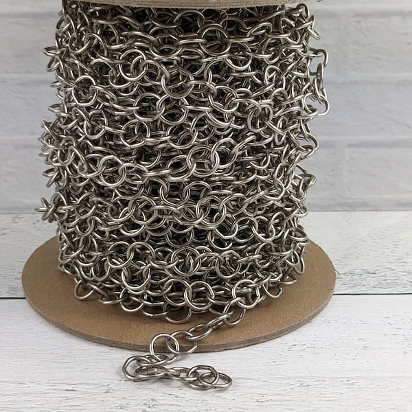 Large Antique Silver Hammered Round Cable Link Chain, 13mm