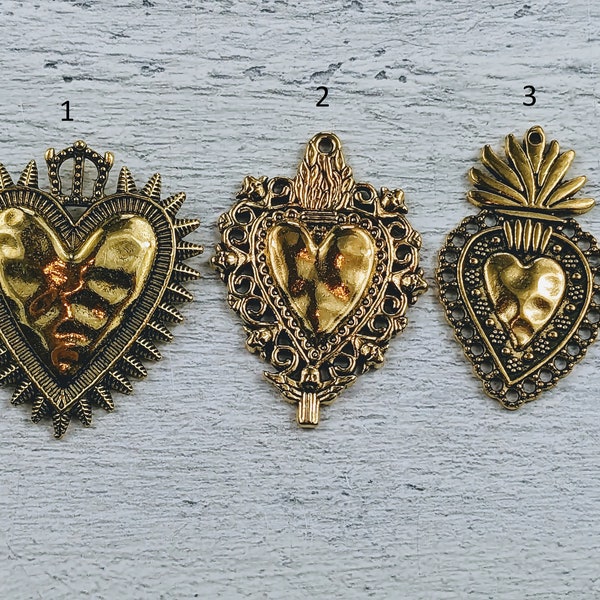 Antique Gold Plated Sacred Heart Charms, 2pcs. Love, Flaming Heart