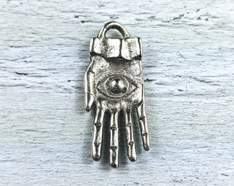 Large Silver Evil Eye Hamsa Charm, Pendant, Namaste, Yoga, Ethnic