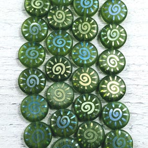 Czech Glass Laser Metallic Sun Beads, Matte Translucent Green, Round, Sunshine, 14mm, Double Sided, Solar 8pcs.