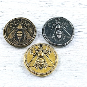 Antique Brass, Gold or Gunmetal Plated Bee and Horse Greek Replica Coin Charms, 25mm, 1pc. Double Sided Design