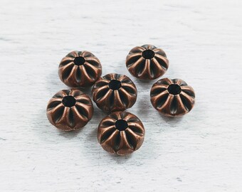 Antique Copper Plated Flower Rondelle Beads, 11mm, 6pcs.