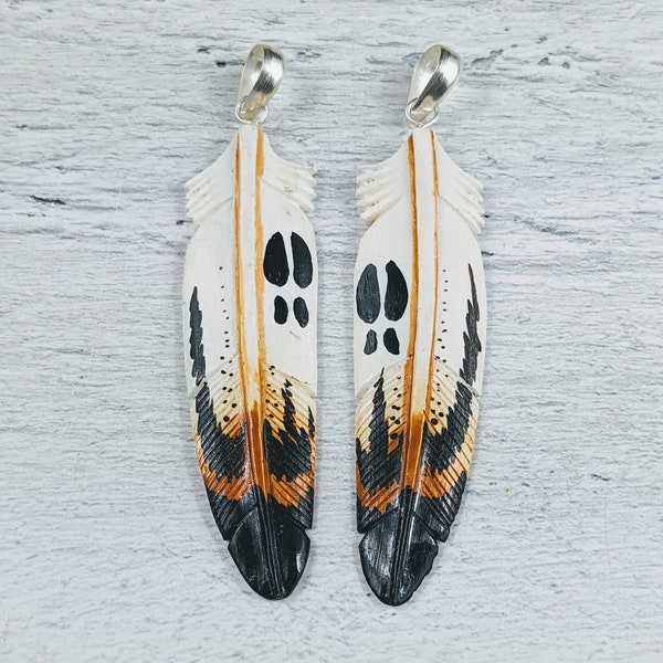 Beautiful Hand Carved and Painted Buffalo Bone Feather Pendants, Animal Print Motif, Ethnic, 1pc. Black and Brown Design