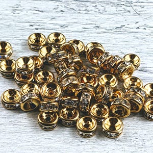 Vintage 7mm Clear Rhinestone and Gold Plated Rondelle  Beads, 25pcs. Rondell