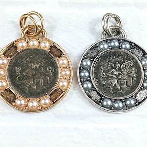 Antique Silver or Gold Plated With White Faux Pearls Inlay Replica Fairy Coin Bezel Pendants, 45mm, Double Jump Ring, 1pc.
