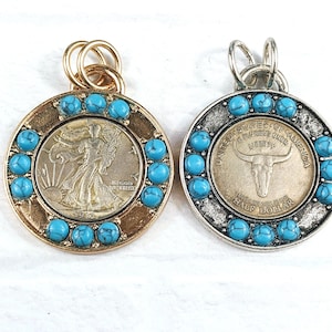 Mix and Match Antique Silver or Gold Plating and Inlaid Gemstones Replica Coin Pendants, 45mm, 1pc., Longhorn or Liberty, Turquoise Howlite