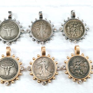 Antique Silver or Matte Gold with Crystal Rhinestone Replica Coin Bezel Pendants, Fairy, Lady Liberty or Longhorn, 1pc. Medallion, 57x32mm