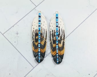 Hand Carved and Painted Water Buffalo Bone Feather Pendants, Charms, Ethnic, 2pcs. Earrings, 45x12mm, Black, Blue and White Motif Design