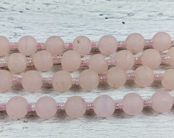 Frosted Pink Recycled Glass Round Beads, 8mm, 17" Strand, 39pcs,