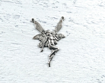 Antique Silver Ox Plated Fairy Pendant, Charm, Double Bail, 37x25mm
