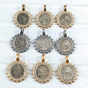 Matte Gold, Worn Gold or Antique Silver Crystal Rhinestone Replica Coin Skull Pendants, Charms, Rose, Native or Multi,  Bezel, 1pc. 44x34mm