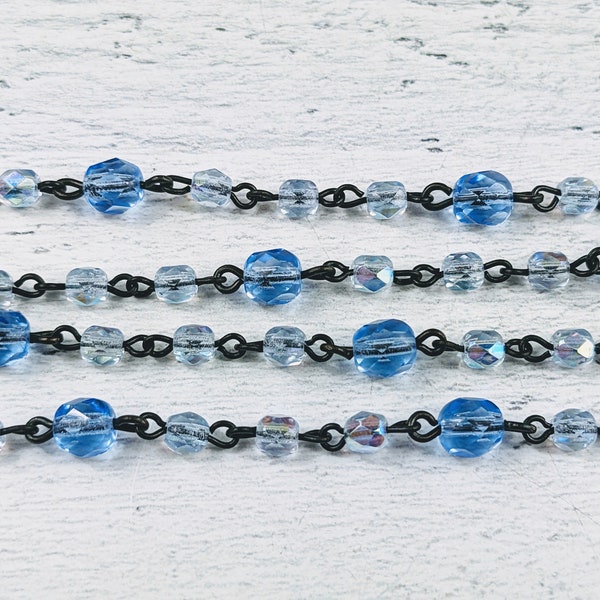 Czech Glass Blue and Ab Purple Faceted Bead Chain, Black Wire, Rosary, 4 and 6mm Beads, 1ft.