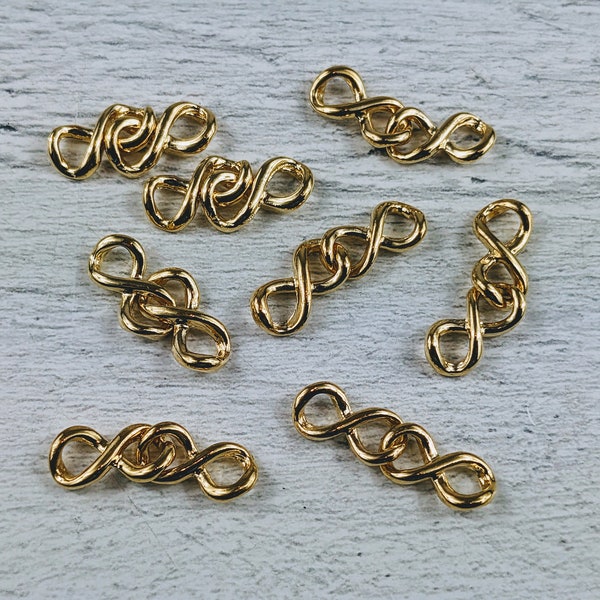 Gold Plated Infinity Links, Connectors, Twisted, Double Link, Bracelet, 5pcs. Necklace, Soldered, Eternity, 25x9mm, Figure 8