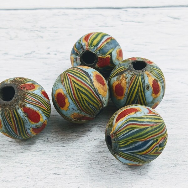 Indonesian Glass Round Beads, Hand Painted, 20mm, 1pc. Large Hole, Blue, Red, Green and Yellow and Red Mix,  Jatim Java Beads