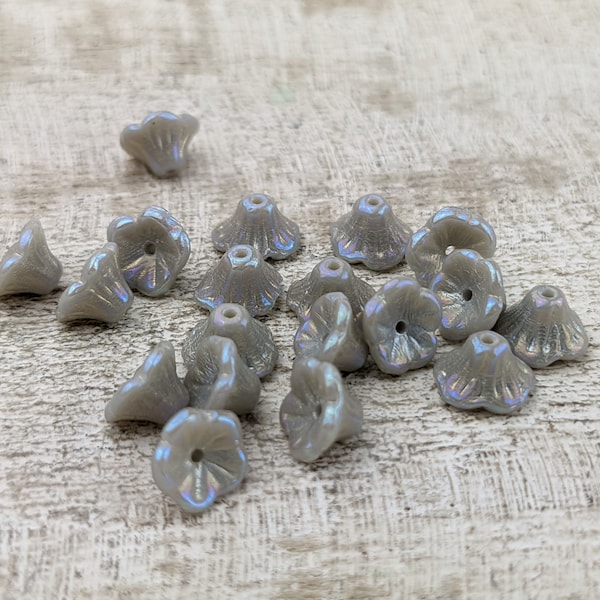 7mm Mini Czech Glass Grey Rainbow Iris Bellflower Beads, 25pcs. Bell Flower