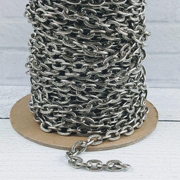 Antique Silver Ornate Textured Cable Link Chain, 10x14mm, Heavy Links, High Quality