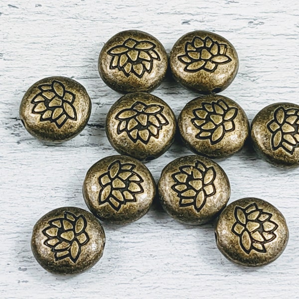 Antique Brass Etched Lotus Flower Disc Bead, Double Sided Design, Namaste, Yoga, 5pcs. 14mm