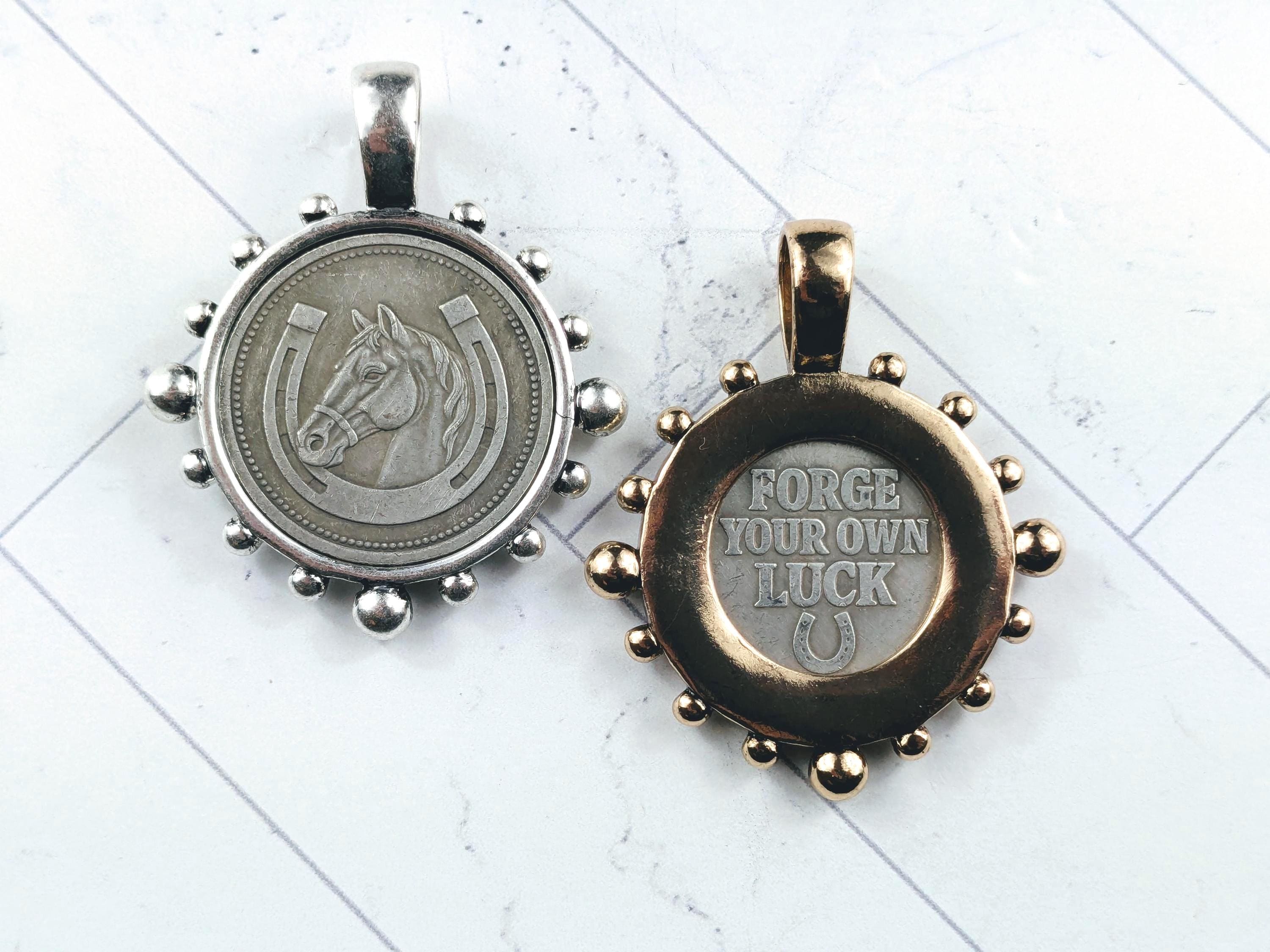 Open Back Horse Good Luck Horseshoe Medallion Pendant in Bezel 