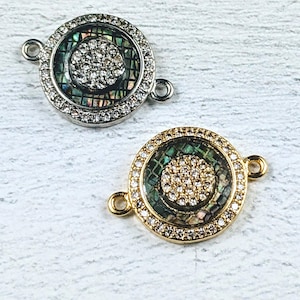 Pave Cz Crystal and Abalone Shell Connector, Gold or Silver Plated, Round, Paua Shell, 19x14mm, 1pc