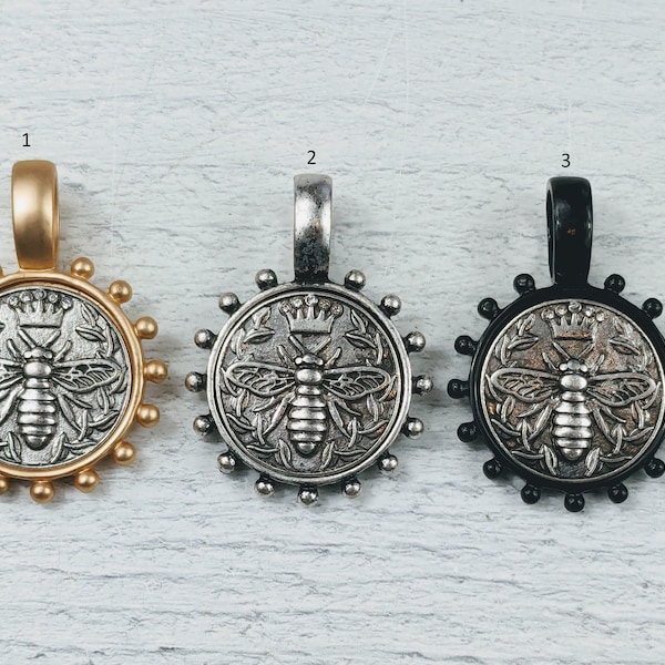 Silver Ox Rhinestone Queen Bee with Crown Coin Style Pendant, Charm, 1pc. 44x34mm, Black, Antique Silver, Matte Gold Bezel