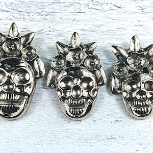 Tibetan Silver Skull with Three Flowers and Leaves Pendant, Gothic, Leaves, Nepal, 1pc. Large, Medium or Small, 3 Sizes