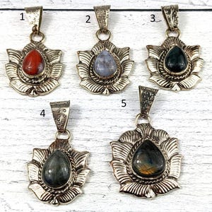 Tibetan Silver and Teardrop Gemstone Lotus Flower Pendant, Red Jasper, Blue Agate, Labradorite, Green Agate, 1pc, Flower, Nepal
