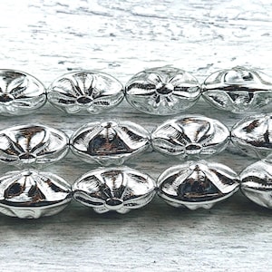 Vintage Silver Plated Lucite Flower Oval Beads, Double Sided Design, Textured, 18x11mm, 12pcs.