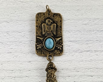 Antique Brass Thunderbird and Arrows with Turquoise Inlay Tassel Pendant, Tag, Bird, 101x20mm