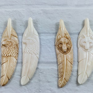 Hand Carved Natural or Antiqued Buffalo Bone Wolf or Eagle Feather Pendant, Textured, Nature, Wildlife, 1pc. 83x20mm