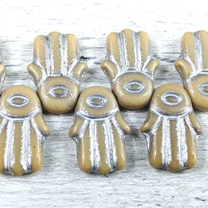 Czech Glass Beige and Silver Hamsa Beads, Namaste, Yoga, 4pcs. 20x14mm