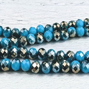 Faceted Blue and Metallic Rondelle Chinese Glass Crystal Beads, 8x6mm, Full Strand, 66pcs.