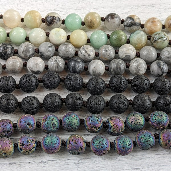 Black and Rainbow Lava, Grey Agate or Amazonite Gemstone Long Hand Knotted Beaded Necklaces, 1pc. 8mm, 33"