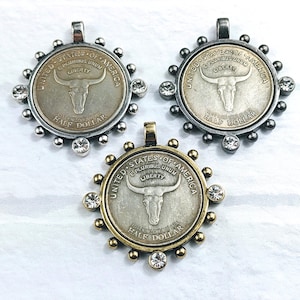 Antique Silver, Brass or Matte Gunmetal With Crystal Rhinestone Longhorn Coin Pendant, 1pc. Replica, Bezel, Medallion, 32mm, Southwestern