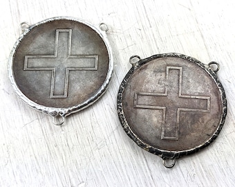 Hand Soldered Cross Replica Coin with Pendant, Connector, Link, 45mm, Religious, Spiritual, Patina or Silver, 1pc.