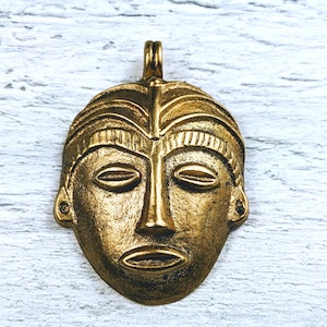 Brass African Mask Pendant, Tribal, Ethnic 50x33mm