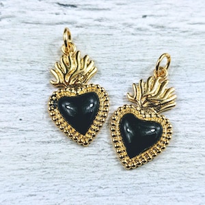 Small Gold Plated and Black Enamel Milagro Ex Voto Heart Charms, 2pcs. Sacred Heart, Religious, Spiritual, 22x12mm