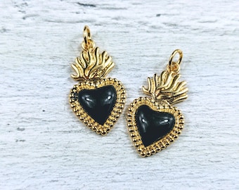 Small Gold Plated and Black Enamel Milagro Ex Voto Heart Charms, 2pcs. Sacred Heart, Religious, Spiritual, 22x12mm