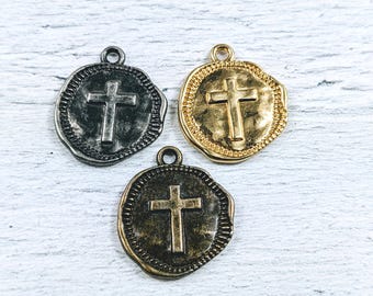 Antique Brass, Gunmetal or Gold Plated Hammered Cross Charms, 3pcs, 22x19mm, Coin Charm, Spiritual, Religious