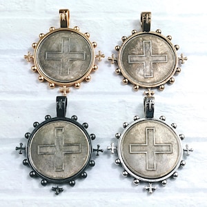 Matte Gold, Matte Gunmetal, Antique Silver, Antique Gold Replica Cross Coin Bezel, Medallion, Large Hole, 1pc, 71x64mm, Pendant