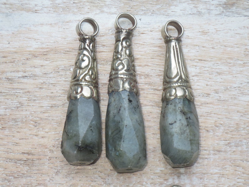 Tear Drop Large Tibetan Silver and Faceted Labradorite Gemstone Repousse Teardrop Pendant Nepalese Nepal