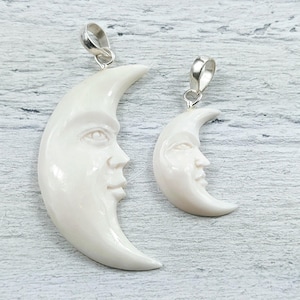 Hand Carved Buffalo Bone Small or Large Moon Face Pendant, Charm, Lunar, 1pc.