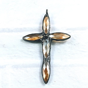 Soldered Long Faceted Champagne Crystal Cross Pendant, Religious, Spiritual, 76x45mm, Topaz