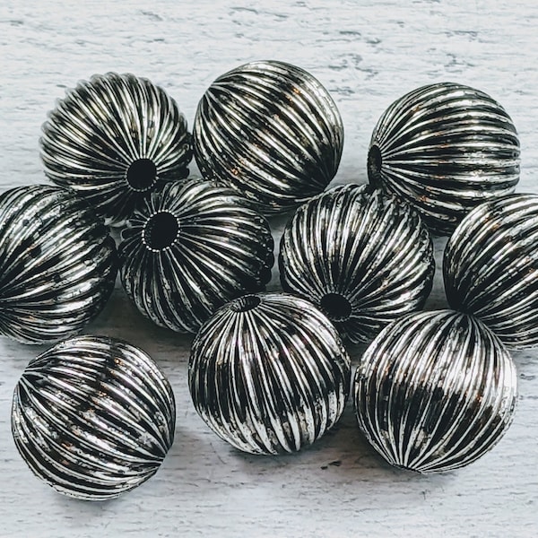 Gunmetal Fluted Metal Round Beads, Corrugated Beads, Spacer Beads, Melon,  10pcs, 15mm