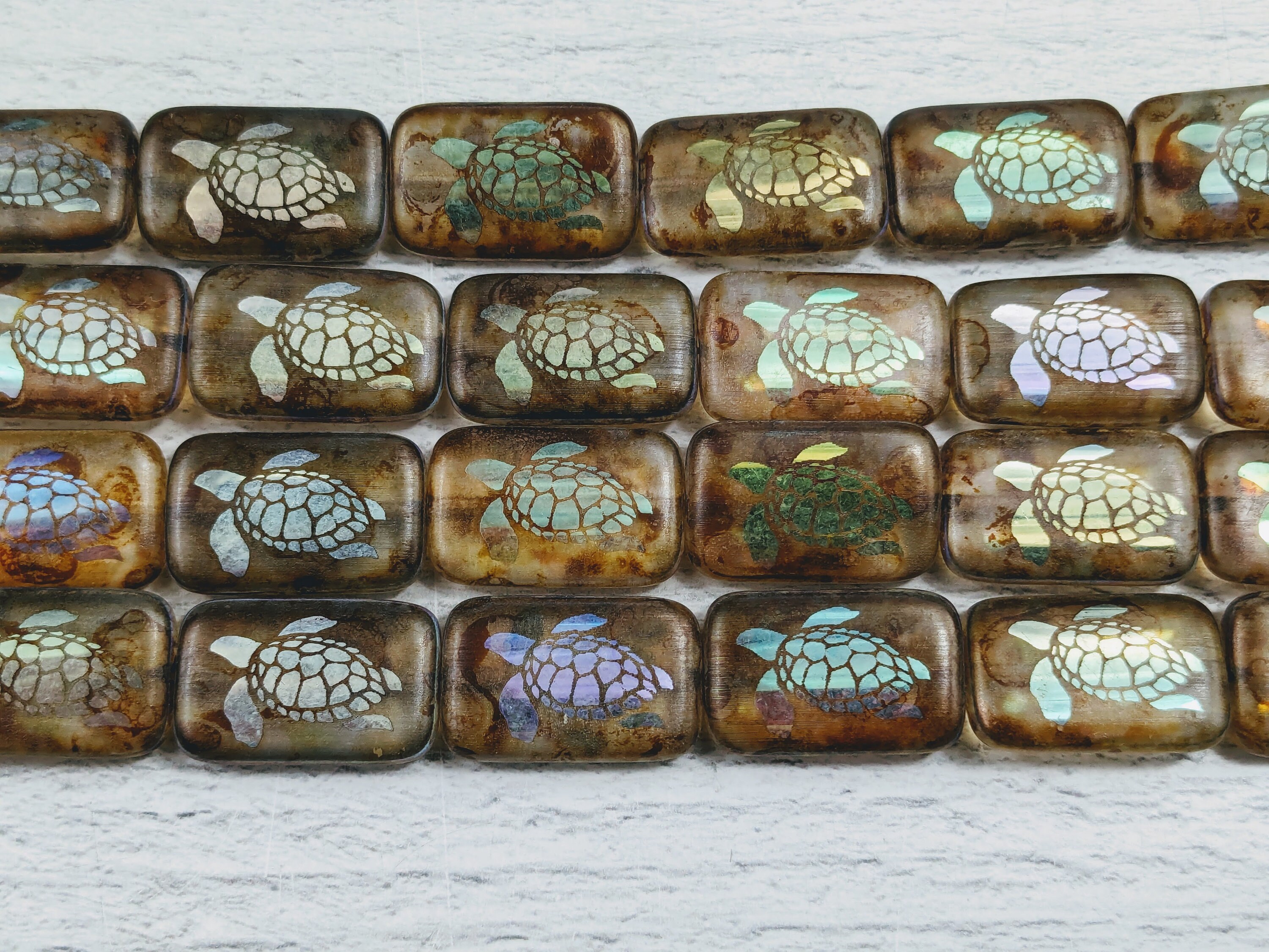 Czech Glass Metallic Laser Turtle Rectangle Picasso Brown Beads ...