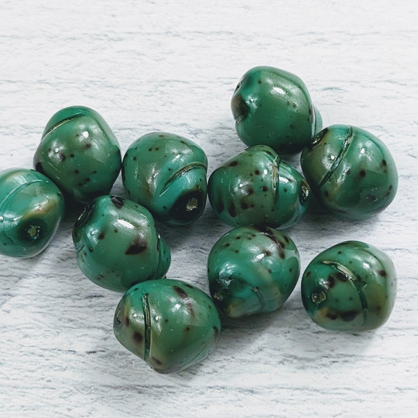 Czech Glass Green Spotted Turquoise Oval Nugget Baroque Beads, 13x11mm, 15pcs. Pinched