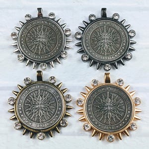 Matte Gold, Gunmetal, Antique Silver, Brass  and Crystal Rhinestone Replica Bursting Sun Face Pendant, Medallion, Bezel,  38mm, 1pc.