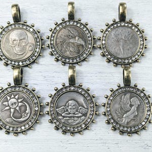 Antique Brass Plated Crystal Rhinestone Replica Coin Pendants, Eagle, Skull, Fairy, Cherub, Sun and Moon, Charms, Bezel, 1pc. 44x34mm